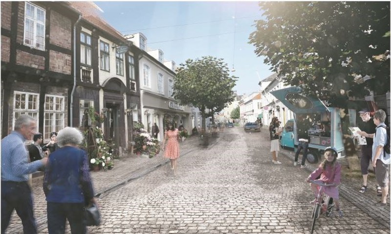 Visualisering af hvordan Langgade i Nykøbing kan se ud i fremtiden Visualisering af hvordan Langgade i Nykøbing kan se ud i fremtiden