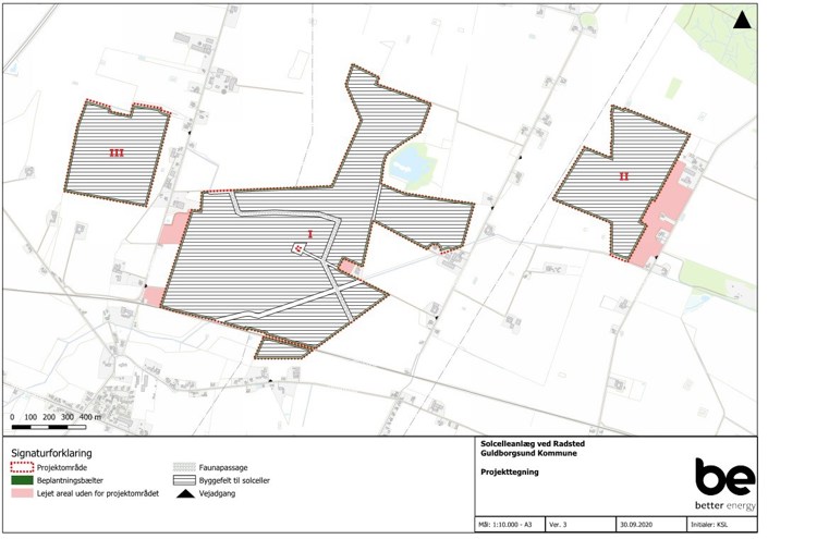 Kort over plan- og projektområdet for solcelleparken i Radsted