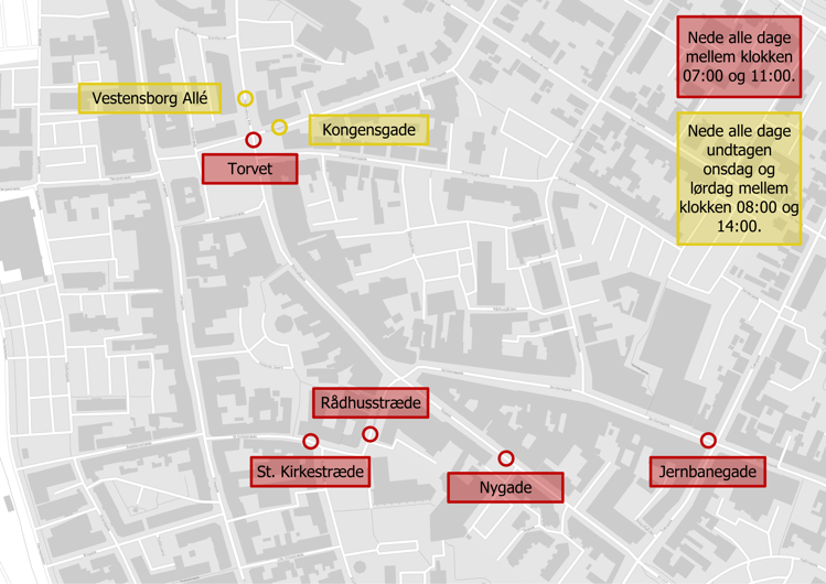 Her ses placeringen af pullerter omkring torvet og gågaderne